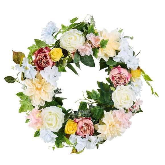VEVOR Artificial Decorative Wreath 60.96 cm White Pink Yellow Peonies Hydrangeas - RnR Galore