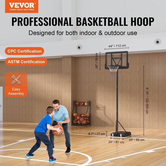 VEVOR Basketball Hoop, 4 - 10 ft Adjustable Height Portable Backboard System, 44 inch Basketball Hoop & Goal, Kids & Adults Basketball Set with Wheels, Stand, and Fillable Base, for Outdoor/Indoor - RnR Galore