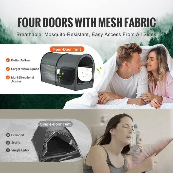 VEVOR Bed Tent, Pongee Fabric, 4 Doors Breathable Dream Tent with 7 mm Fiber Poles on Bed Privacy, Full Size Block out Light Sleeping Bed Canopy, Fit for Kids Playhouse and Adults Sleeping Tent - RnR Galore