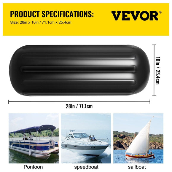 VEVOR Boat Fenders, 10" x 28" Ribbed Fender, 4 Pack Boat Bumpers, Hole Through Middle Ribbed Inflatable Boat Fender with 4 Ropes, for Pontoon Boat Sailboat, Ski Boat, Black - RnR Galore