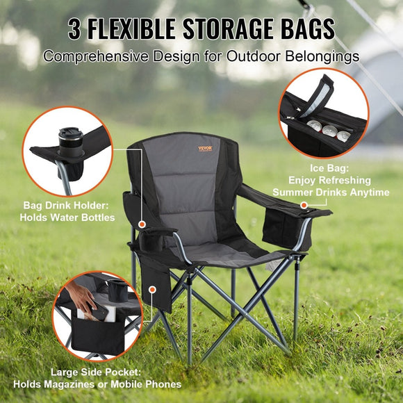 VEVOR Camping Folding Chair for Adults, Portable Heavy Duty Outdoor Quad Lumbar Back Padded Arm Chairs with Side Pockets, Cup Holder and Cooler Bag for Beach, Lawn, Picnic, Fishing, Backpacking, Black - RnR Galore