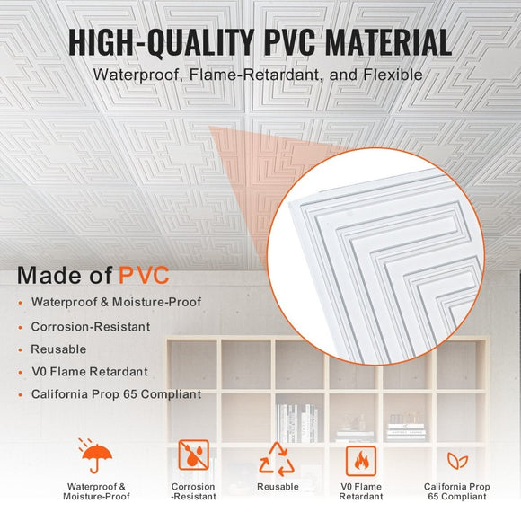 VEVOR Ceiling Tiles 12 - Pack 24 x 24 in PVC Easy Installation White Echo Pattern - RnR Galore