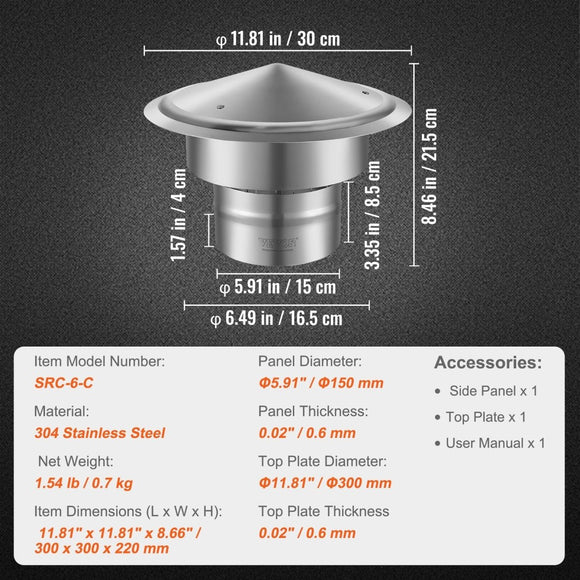 VEVOR Chimney Cap 6 - inch 304 Stainless Steel Round Roof Rain Cap Cover Silver - RnR Galore