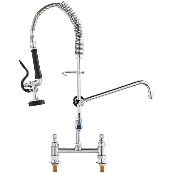 VEVOR Commercial Faucet with Pre - Rinse Sprayer, 26" Height, 8" Center, 12" Swing Spout, Deck Mount Kitchen Sink Faucet, Brass Constructed Device with Pull Down Spray, for 1/2/3 Compartment Sink - RnR Galore
