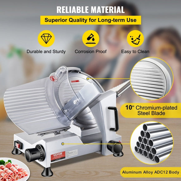 VEVOR Commercial Meat Slicer, 240W Electric Deli Food Slicer, 10 inch Carbon Steel Blade Electric Food Slicer, 350 - 400RPM Meat Slicer, 0 - 0.47 inch Adjustable Thickness for Commercial and Home Use - RnR Galore