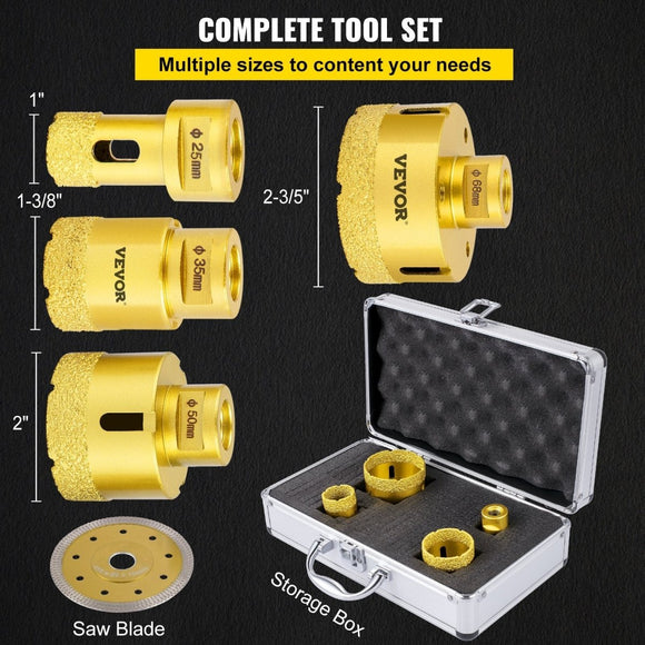 VEVOR Diamond Drill Bits 4PCS Diamond Hole Saw 25/35/50/68mm Tile Hole Saw Kit Vacuum Brazed Diamond Drill Bit 0.59in/15mm Segment Tile Hole Saw w Storage Case for Tile Ceramic Porcelain Marble Stone - RnR Galore