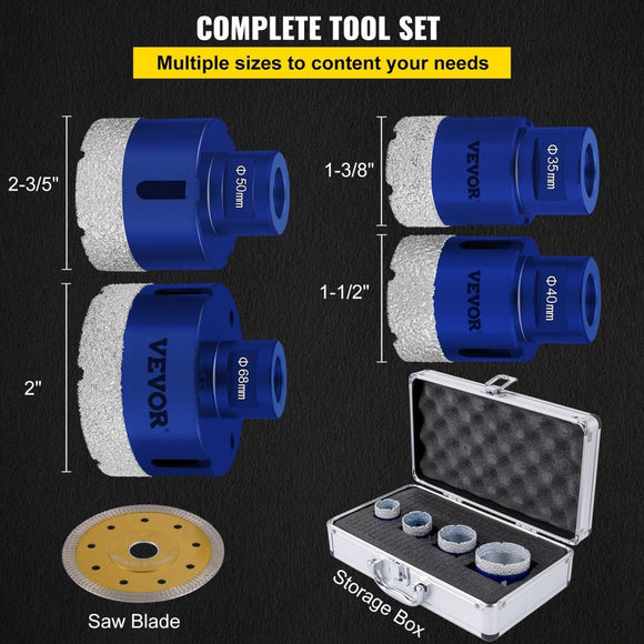 VEVOR Diamond Drill Bits 4PCS Diamond Hole Saw 35/40/50/68mm Tile Hole Saw Kit Vacuum Brazed Diamond Drill Bit 0.59in/15mm Segment Tile Hole Saw w Storage Case for Tile Ceramic Porcelain Marble Stone - RnR Galore