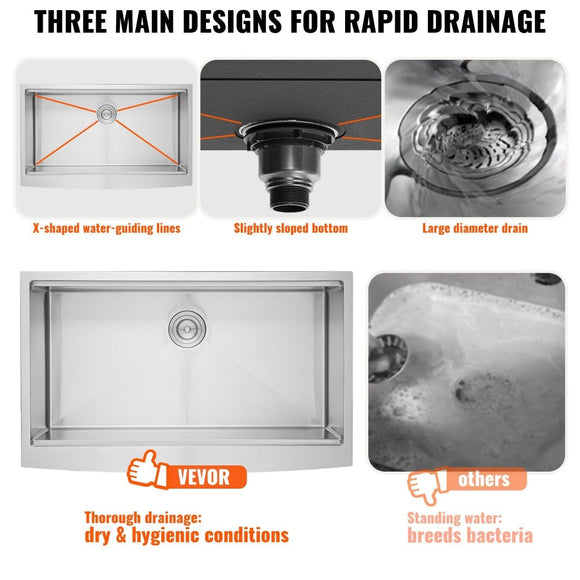 VEVOR Farmhouse Kitchen Sink, 304 Stainless Steel Drop - In Sinks, Top Mount Single Bowl Basin with Ledge & Accessories, Household Dishwasher Sinks for Workstation, Prep Kitchen, and Bar Sink, 36 inch - RnR Galore