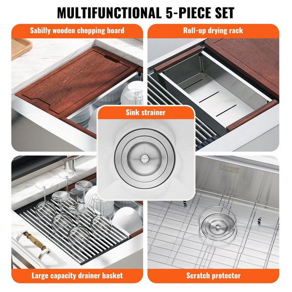 VEVOR Farmhouse Kitchen Sink, 304 Stainless Steel Drop - In Sinks, Top Mount Single Bowl Basin with Ledge & Accessories, Household Dishwasher Sinks for Workstation, Prep Kitchen, and Bar Sink, 36 inch - RnR Galore