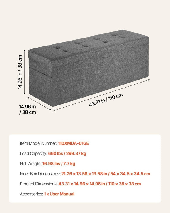 VEVOR Foldable Storage Ottoman Bench, End of Bed Bench with Side Bags, Folding Upholstered Storage Chest Supports 660 lbs, Linen Bed Ottoman with Large Space for Living Room, Bedroom, Entryway, Grey - RnR Galore