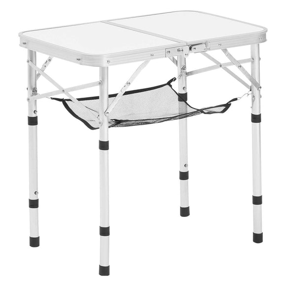 VEVOR Folding Camping Table, Adjustable Height Portable Side Tables, Aluminum MDF Beach Table with Mesh Layer, Carrying Handle, Lightweight Compact for Outdoor Picnic BBQ Cooking, 24x16in, Silver - RnR Galore