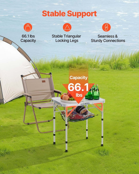 VEVOR Folding Camping Table, Adjustable Height Portable Side Tables, Aluminum MDF Beach Table with Mesh Layer, Carrying Handle, Lightweight Compact for Outdoor Picnic BBQ Cooking, 24x16in, Silver - RnR Galore