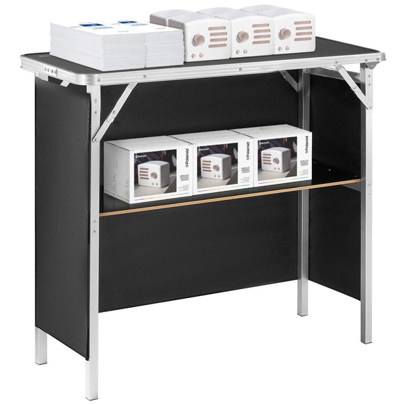VEVOR Folding Portable Bar Table, Tradeshow Podium Table for Indoor, Outdoor, Party, Picnic, Exhibition, Includes Carrying Case, Storage Shelf and Black Skirt, 38.39" x 15.16" x 34.25“ - RnR Galore