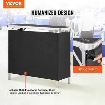 VEVOR Folding Portable Bar Table, Tradeshow Podium Table for Indoor, Outdoor, Party, Picnic, Exhibition, Includes Carrying Case, Storage Shelf and Black Skirt, 38.39" x 15.16" x 34.25“ - RnR Galore