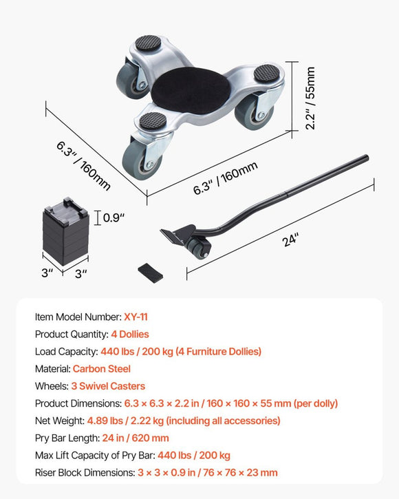 VEVOR Furniture Dolly 4 pcs Steel Tri - dolly Set Furniture Mover 200 kg Capacity - RnR Galore
