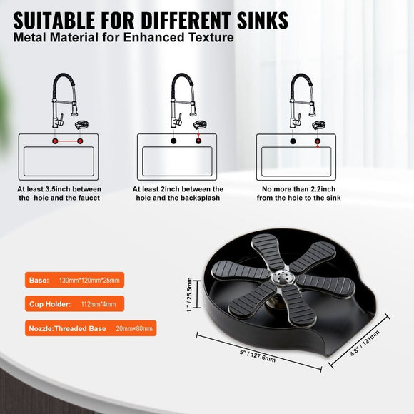 VEVOR Glass Rinser, 10 Powerful Spraying Jets Rotating Cup Rinser for Sink, 304 Stainless Steel Faucet Cup Washer & Silicone Nonslip Pad for Baby Bottle, Glass Cup, Wine Glass (Matte Black Base) - RnR Galore