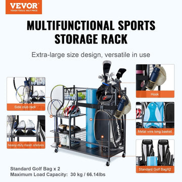 VEVOR Golf Storage Garage Organizer, 2 Golf Bag Stand Holder and Other Sports Equipment Storage Rack, Rolling Ball Cart on Wheels, Outdoor Sport Gear and Toy Storage with Baskets & Hooks, Steel, Black - RnR Galore
