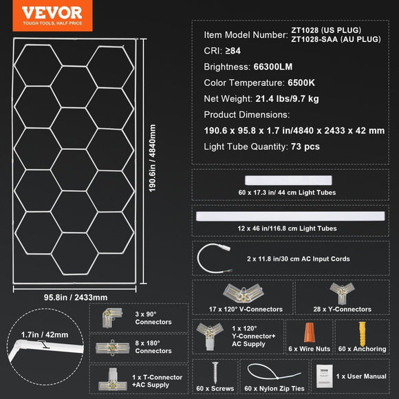 VEVOR Hexagon Garage Lights 66300LM 15 Grids Honeycomb LED Shop Ceiling Light - RnR Galore