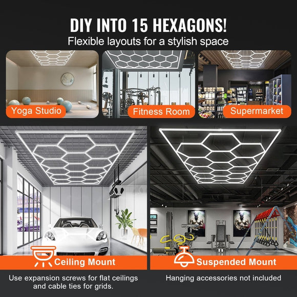VEVOR Hexagon Garage Lights 66300LM 15 Grids Honeycomb LED Shop Ceiling Light - RnR Galore