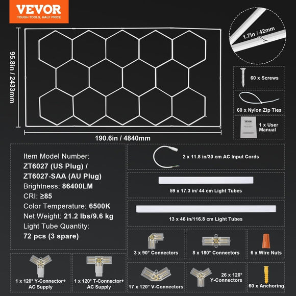 VEVOR Hexagon Garage Lights 86400LM 5 Grid Honeycomb LED Shop Ceiling Light - RnR Galore