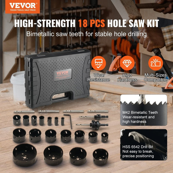 VEVOR Hole Saw Kit, 18 PCS Saw Blades, 6 Drill Bits, 1 Hex Wrench, Bi Metal M42 Hole Saw Set with Carrying Case, General Purpose Size from 3/4" to 4 - 1/2", Ideal for Wood Board, Iron and Plastic Plate - RnR Galore