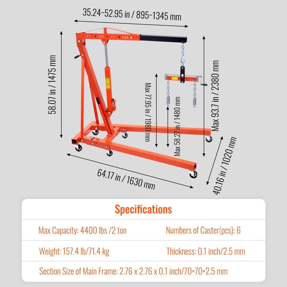 VEVOR Hydraulic Engine Hoist with Lever, 2000KG Heavy - duty Cherry Picker Shop Crane, Foldable Engine Crane and Engine Hoist leveler for Auto Repair, Motors, Weights Lifting, Loading - RnR Galore