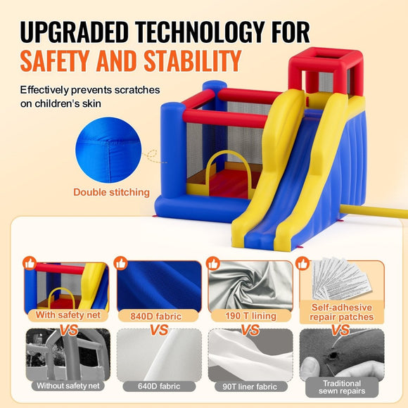 VEVOR Inflatable Bounce House, Outdoor High Quality Playhouse Trampoline, Jumping Bouncer with Blower, Slide, and Storage Bag, Family Backyard Bouncy Castle, for Kid Ages 3_8 Years, 3.4x2.6x2.3m - RnR Galore