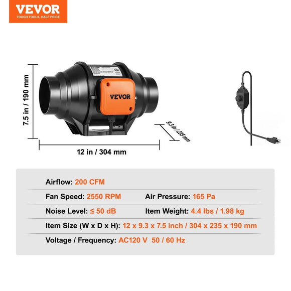 VEVOR Inline Duct Fan, 102mm 129.7 CFM with Variable Speed Controller, Quiet AC - motor Ventilation Exhaust Fan for Cooling Booster, Grow Tents, Hydroponics - RnR Galore