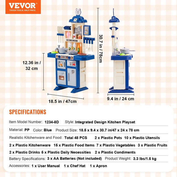 VEVOR Kitchen Playset Kids Pretend Cooking Play Toy 48 Piece Accessories Blue - RnR Galore