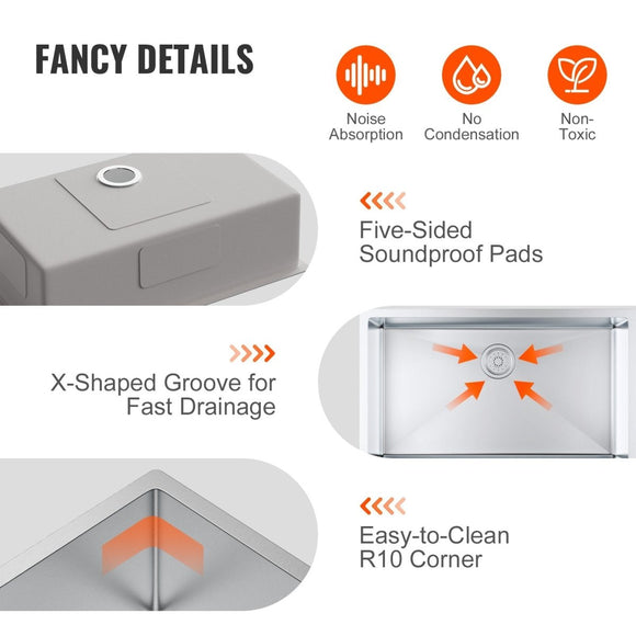 VEVOR Kitchen Sink, 304 Stainless Steel Drop - In Sinks, Undermount Single Bowl Basin with Accessories(Pack of 3), Household Dishwasher Sinks for Workstation, RV, Prep Kitchen, and Bar Sink, 32 inch - RnR Galore