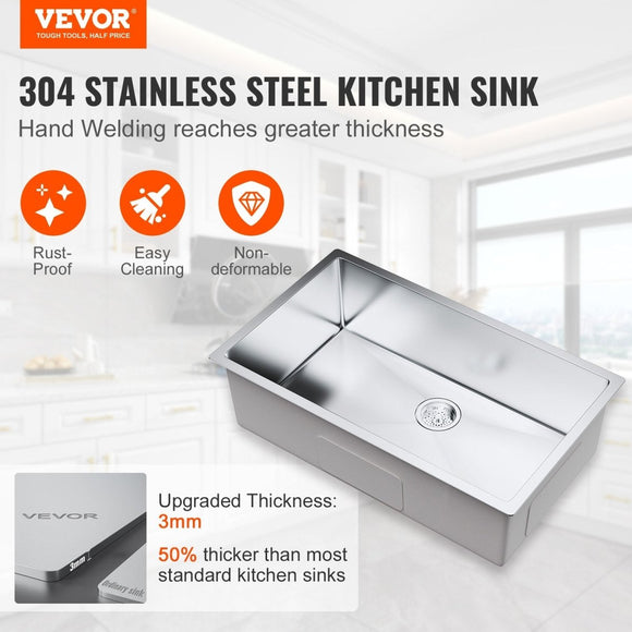 VEVOR Kitchen Sink, 304 Stainless Steel Drop - In Sinks, Undermount Single Bowl Basin with Accessories(Pack of 3), Household Dishwasher Sinks for Workstation, RV, Prep Kitchen, and Bar Sink, 32 inch - RnR Galore