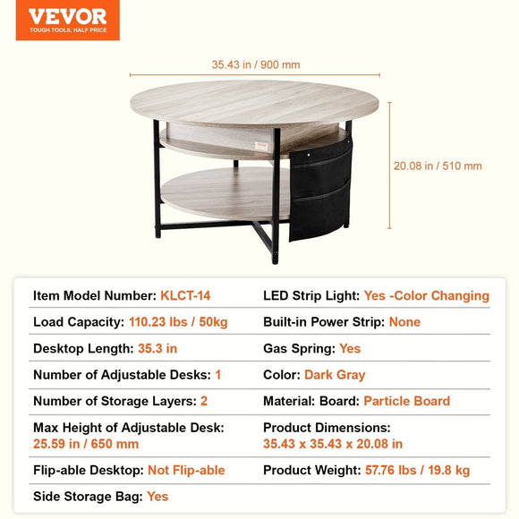 VEVOR Lift Top Coffee Table 35.3" Round Coffee Table for Living Room White - RnR Galore