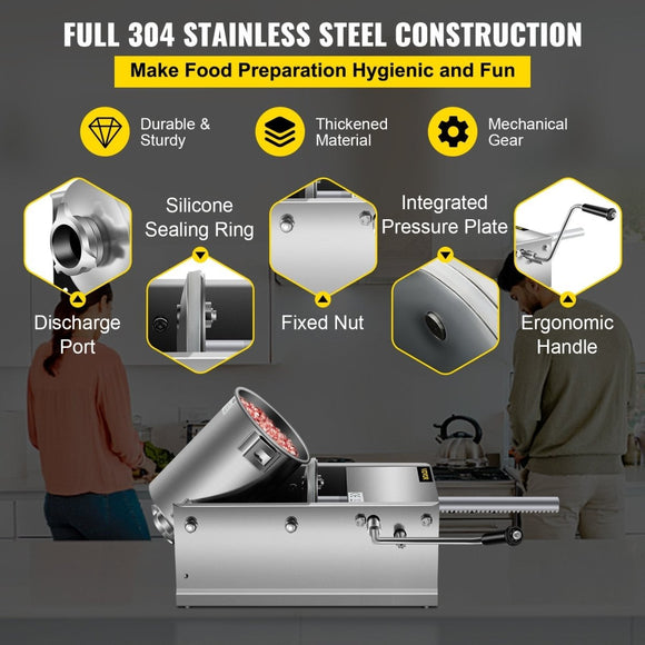 VEVOR Manual Sausage Stuffer, 3 L / 7 LBS Horizontal Sausage Machine, Dual - Speed Meat Stuffer, Made of Food - Grade 304 Stainless Steel, Includes 5 Stuffing Tubes, for Home Kitchen Restaurant Commercial - RnR Galore