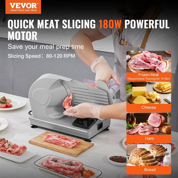 VEVOR Meat Slicer, 180W Electric Deli Food Slicer with 7.5" SUS420 Stainless Steel Blade and Blade Guard, 0 - 0.6 inch Adjustable Thickness for Home Use, Easy to Clean, Cut Meat, Bread, Ham and Cheese - RnR Galore