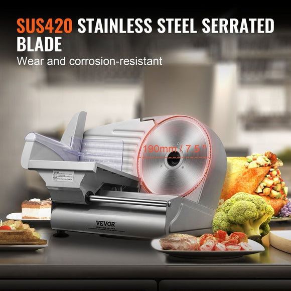 VEVOR Meat Slicer, 180W Electric Deli Food Slicer with 7.5" SUS420 Stainless Steel Blade and Blade Guard, 0 - 0.6 inch Adjustable Thickness for Home Use, Easy to Clean, Cut Meat, Bread, Ham and Cheese - RnR Galore