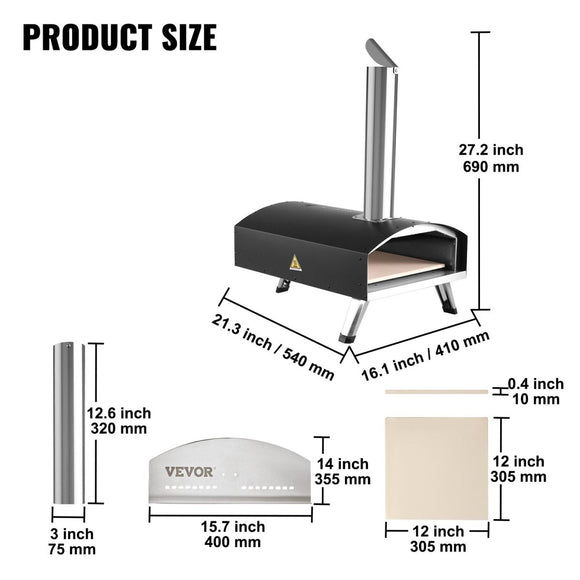 VEVOR Outdoor Pizza Oven, 12 - inch, Wood Pellet and Charcoal Fired Pizza Maker, Portable Outside Stainless Steel Pizza Grill with Pizza Stone, Waterproof Cover, Shovel, Wood Burner for Backyard Camping - RnR Galore