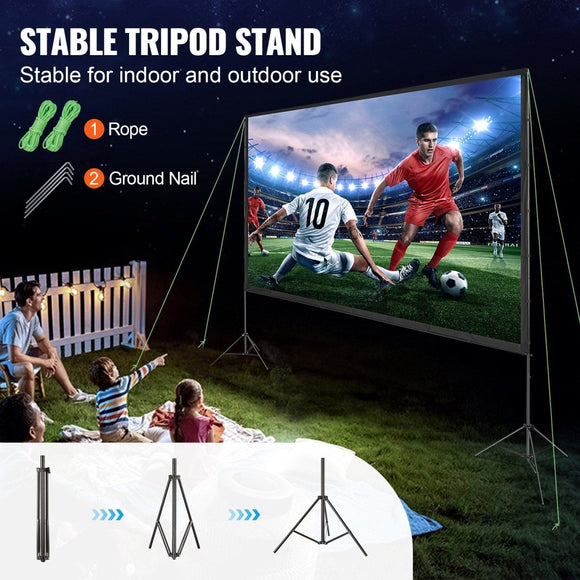 VEVOR Projector Screen with Stand, 150 inch 16:9 4K 1080 HD Outdoor Movie Screen with Stand, Wrinkle - Free Projection Screen with Tripods and Carry Bag, for Home Theater Cinema Backyard Movie Night - RnR Galore