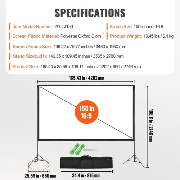 VEVOR Projector Screen with Stand, 150 inch 16:9 4K 1080 HD Outdoor Movie Screen with Stand, Wrinkle - Free Projection Screen with Tripods and Carry Bag, for Home Theater Cinema Backyard Movie Night - RnR Galore