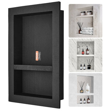 VEVOR Shower Niche Ready for Tile 40.64 x 60.96 cm, 16 x 24 inch Double Shelf Organizer, Square Corners Wall - inserted Niche Recessed, Sealed Protection Modern Soap Storage Niche for Shower Bathroom, Black - RnR Galore