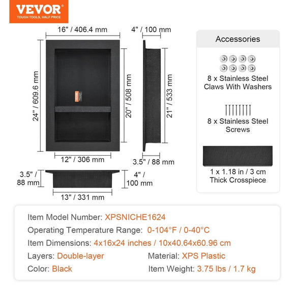VEVOR Shower Niche Ready for Tile 40.64 x 60.96 cm, 16 x 24 inch Double Shelf Organizer, Square Corners Wall - inserted Niche Recessed, Sealed Protection Modern Soap Storage Niche for Shower Bathroom, Black - RnR Galore