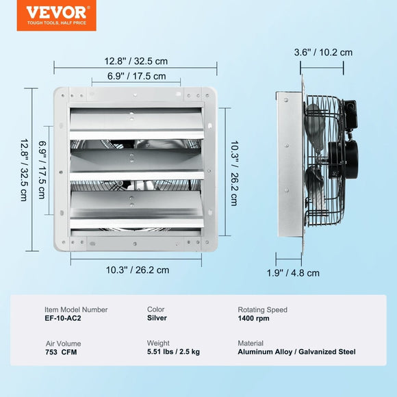 VEVOR Shutter Exhaust Fan, 254 mm High - speed 1400RPM 753 CFM, Aluminum Wall Mount Attic Fan with AC - motor, Ventilation and Cooling for Greenhouses, Garages, Sheds, Shops - RnR Galore