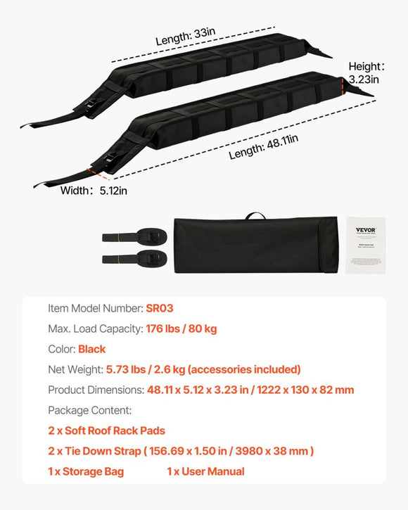 VEVOR Soft Roof Rack Pads 33in 176lbs Load Capacity for Kayak Canoe Surfboard Luggage - RnR Galore