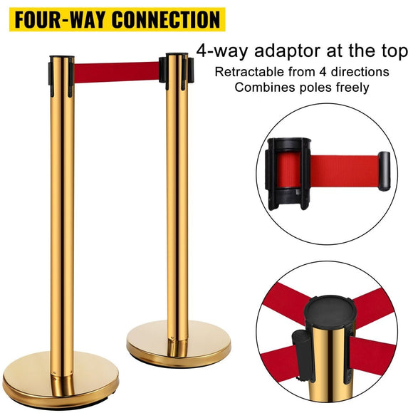 VEVOR Stanchion Post Barriers 6 - Set Line Dividers, Stainless Steel Stanchions with 6.6 Red Retractable Belts, Stanchions with One Sign Frame, 34.6 Queue Safety Stanchions (Gold) - RnR Galore