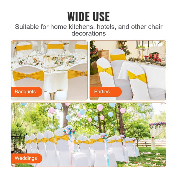 VEVOR Stretch Spandex Chair Sashes, Chair Slipcover and Stretch Chair Sash with Round Buckle, Elastic Chair Bands, Fitting Wedding, Holiday, Banquet, Party Chair Decoration (100 PCS Golden Yellow) - RnR Galore
