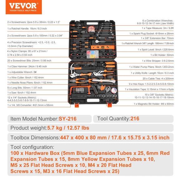 VEVOR Tool Kit 216 Piece General Household Hand Tool Set with Portable Tool Case - RnR Galore