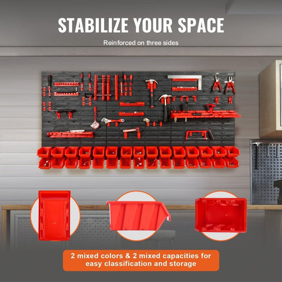 VEVOR Wall Mounted Storage Bins, 30 - Bin Parts Rack Organizer Garage Plastic Shop Tool with Wall Panels/Tool Holders/Hooks, Tool Organizer for Nuts, Bolts, Screws, Nails, Beads, Buttons, Black and Red - RnR Galore