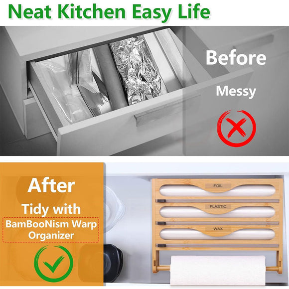 Wall Mounted Plastic Wrap Cutter Bamboo Multi Cell Kitchen Storage Box Organizer - RnR Galore