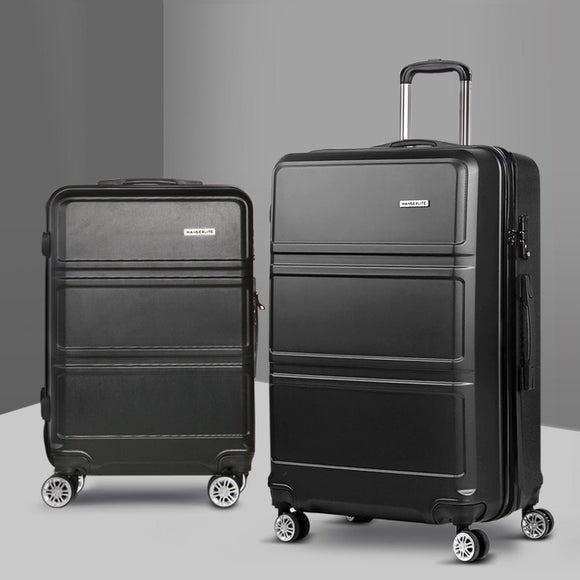 Wanderlite 2pc Luggage Trolley Set Suitcase Travel TSA Carry On Hard Case Lightweight Black - RnR Galore