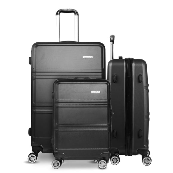 Wanderlite 3pc Luggage Trolley Set Suitcase Travel TSA Carry On Hard Case Lightweight Black - RnR Galore