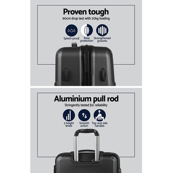 Wanderlite 3pc Luggage Trolley Set Suitcase Travel TSA Carry On Hard Case Lightweight Black - RnR Galore